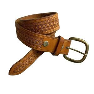 AKER Tan Leather Belt 36 Mens Basketweave Brass Buckle Duty 1 3/8in Made in USA